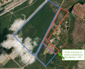 CSX Transportation offered a compromise to only develop the property on the north side of Marks Creek Church road if a zoning request were to be approved. The property on the south side will remain rural residential/agricultural.