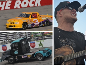 Brandon Hartt (right) and Struggle Jennings will perform at Rockingham Speedway following races from the CRS Super Truck Series (top left) and FASS Big Rig Series.