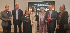 From left: John Jackson, winner of the Sheriff James Clemmons Distinguished Leader Award; Brian Baucom, chairman of the Richmond County Chamber of Commerce Board of Directors; Elizabeth Rizzo, winner of the Chamber’s Volunteer of the Year Award; Kristi Richardson King, president of the Chamber; Libby Reynolds; Steve Earwood, owner of Rockingham Dragway; Brenda Brower. See more photos on the RO&#039;s Facebook page.