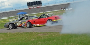 Brandon Goodman and Devin Bruce battle for the top spot in Round 3 of MB Drift&#039;s 2021 competitive season Saturday at Rockingham Speedway.