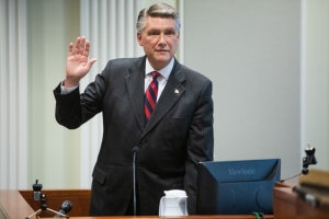 Mark Harris, Republican candidate in North Carolina’s 9th Congressional race, prepares to testify during the fourth day of a public evidentiary hearing on the 9th Congressional District voting irregularities investigation Thursday, Feb. 21, 2019, at the North Carolina State Bar in Raleigh.