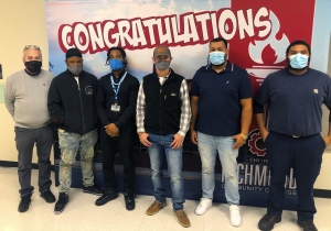 Richmond Community College Industrial Mechanic instructor Gibby Peele, far left, stands with program graduates Charles Crawford, Samuel L. Houston, Hunter Taylor, Purnell Williams and Aaron Adams prior to their certificate presentations on Dec. 18. Not pictured are program completers Jimmy McCormick and Justin Swails. 