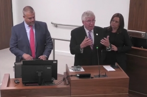 Sens. Tom McInnis (R-Richmond), center, Vickie Sawyer (R-Iredell), and Todd Johnson (R-Union) present HB 91 for discussion to the Senate Education Committee on July 20, 2021