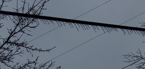 Icicles hang on a utility line on Airport Road Sunday.
