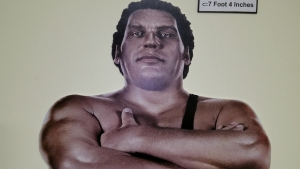 A life-sized cutout of Andre the Giant stands against the wall in an exhibit at the Rankin Museum of American Heritage dedicated to the late wrestler. An HBO documentary which aired last year is slated to be released on DVD in May.