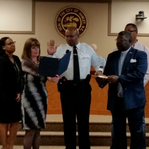 Police Chief Tommy L. McMasters is ceremonially sworn in at Tuesday&#039;s Hamlet City Council meeting. He was officially sworn in April 2.
