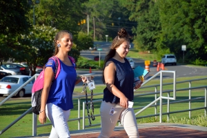 Two students head to class on the first day of fall semester at Richmond Community College.