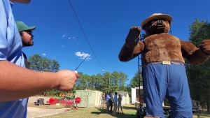 The 26-foot animatronic Smokey Bear was recently refurbished by N.C. Forest Service District Mechanic Dakota Moore and his team, along with Richmond County Airport Manager Jason Gainey.