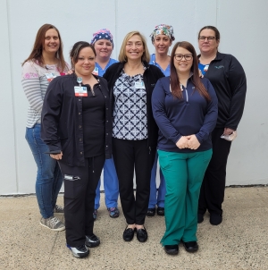 MRH-Richmond certified nurses (front, from left) Rebecca Locklear, R.N., CMSRN; Allison Duckworth, R.N., CENP, FACHE;  Morgan Scott, R.N., CMSRN;  (back from left) Pam Tyler, R.N., RNBC Med-Surg; Kelly Walker, R.N., CNOR; Jana Walker, R.N., CNOR; and Anne Hildreth, R.N., CMSRN