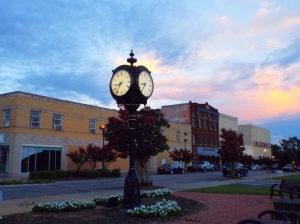 Downtown Square in Rockingham at sunset.
