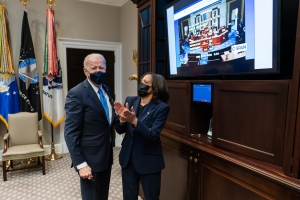 President Joe Biden and Vice President Kamala Harris celebrating the Senate passage of the American Rescue Plan, a $1.9 trillion spending package. 