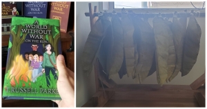 Left: the cover of T. Russell Parker&#039;s latest book. Right: a tobacco leaf sculpture made by Diane Poland from tin off an old barn. The piece was in memory of her grandparents, who were tobacco farmers.