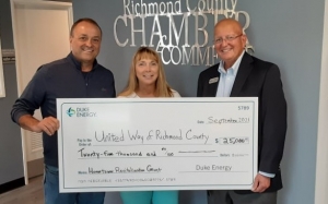 From left: Bob Young, chair of the Richmond County Chamber of Commerce; Michelle Parrish, executive director of United Way of Richmond County, and David McNeill, district manager with Duke Energy.