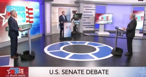 From left, U.S. Sen. Thom Tillis, R-N.C., Democrat Cal Cunningham, and moderator David Crabtree at the first Senate debate sponsored by WRAL News Sept. 14, 2020.