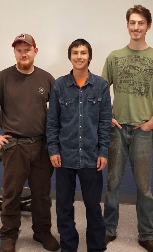  Pictured are the top three welding students at Richmond Community College, according to a friendly welding competition held at the end of the semester. First place went to Rain Newman (center), second place Edward Butler (left) and third place Cutter Eaves (right).