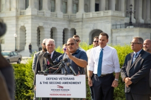 U.S. Army veteran Rick Cicero speaks at a Capitol Hill news conference opposing new federal rules targeting stabilizing braces for guns.