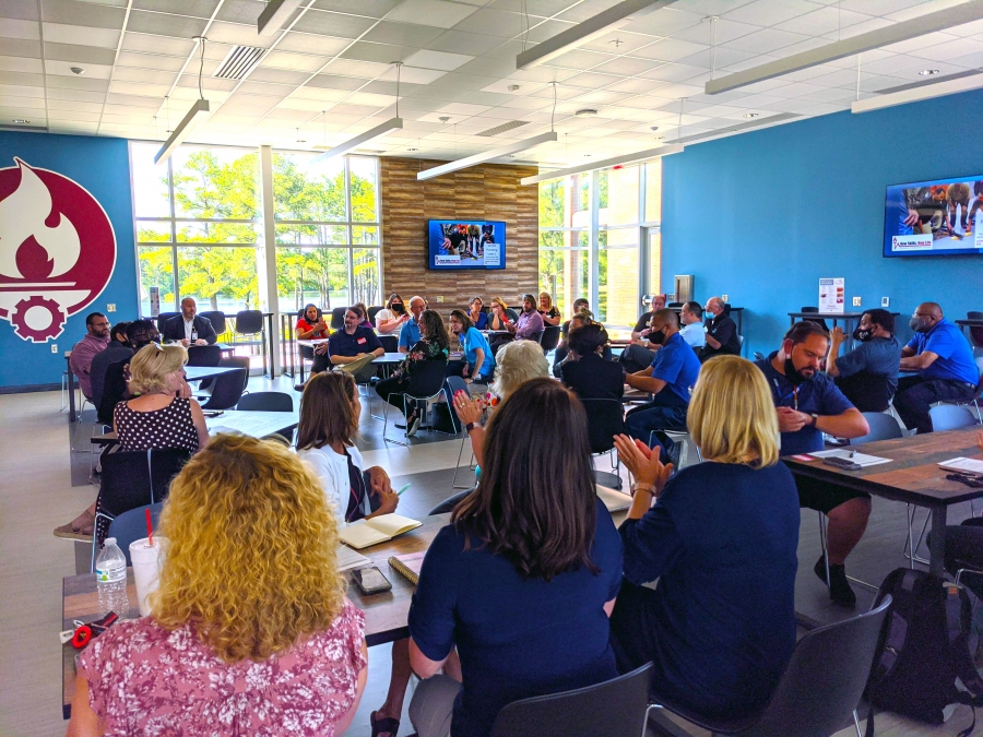 Representatives from Richmond Community College, Richmond County Schools, Scotland County Schools and local industries gather in the RichmondCC Café to discuss challenges industries face with today&#039;s workforce.