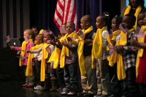 Students wearing commemorative scarves celebrate National School Choice Week.