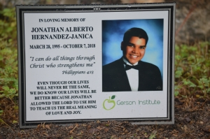 Jonathan Hernandez, a former student who died of cancer at the age of 23, has a plaque, bench and tree on campus dedicated to his memory. See more photos below.