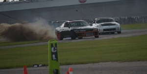 Dan Selwa, left, and Joseph Busam battle it out for the top spot in the final round of MB Drift&#039;s 2021 season at Rockingham Speedway.