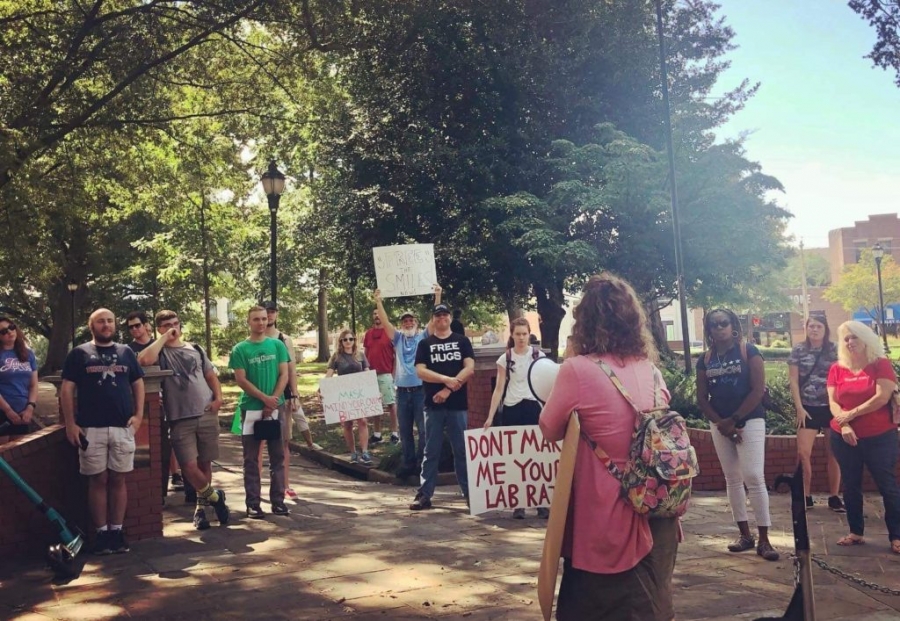 Wake County Young Republicans protest mask mandates in Raleigh on Aug. 21.