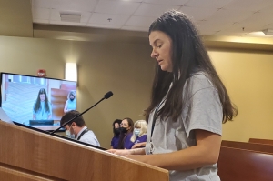 Amanda Kempen, a recovered alcoholic and vice chair of Steve&#039;s Wings, speaks to the Richmond County Board of Commissioners Aug. 3 about the group&#039;s mission in helping curb the opioid epidemic.