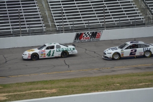 Two drivers in Motorsport 4the Masses&#039; CARBS Tour make laps around Rockingham Speedway during the March 5 open house.