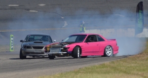 Daniel Neal, right, and Jody Utsey skid along the Rockingham Speedway road course Saturday in the final showdown of MB Drift&#039;s Round 2 competition.