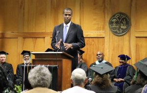 Bakari Sellers, CNN political commentator and former South Carolina legislator, speaks Tuesday during the inaugural Northeastern Technical College convocation at the main campus in Cheraw. 