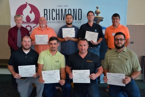 Pictured are Lean Six Sigma Green Belt training completers, in front, from left, Matthew Jones, William Locklear, Kevin Grimsley and Ross Masson; in back, from left, instructor for the class, Dr. Ron Fite; training completers Nathan Grant, Preston Quick and Eric Smith; and RichmondCC Director of Customized Training Lee Eller.