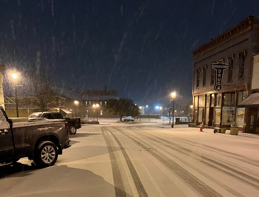 Main Street in Hamlet covered in snow around 7:45 p.m. Friday.